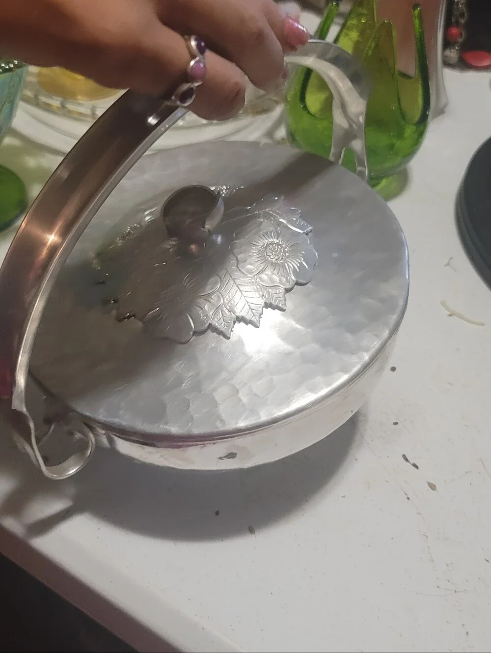 Vintage Wild Rose F1003 Hammered Aluminum Candy Dish w/ Bale Handle/ Bridal